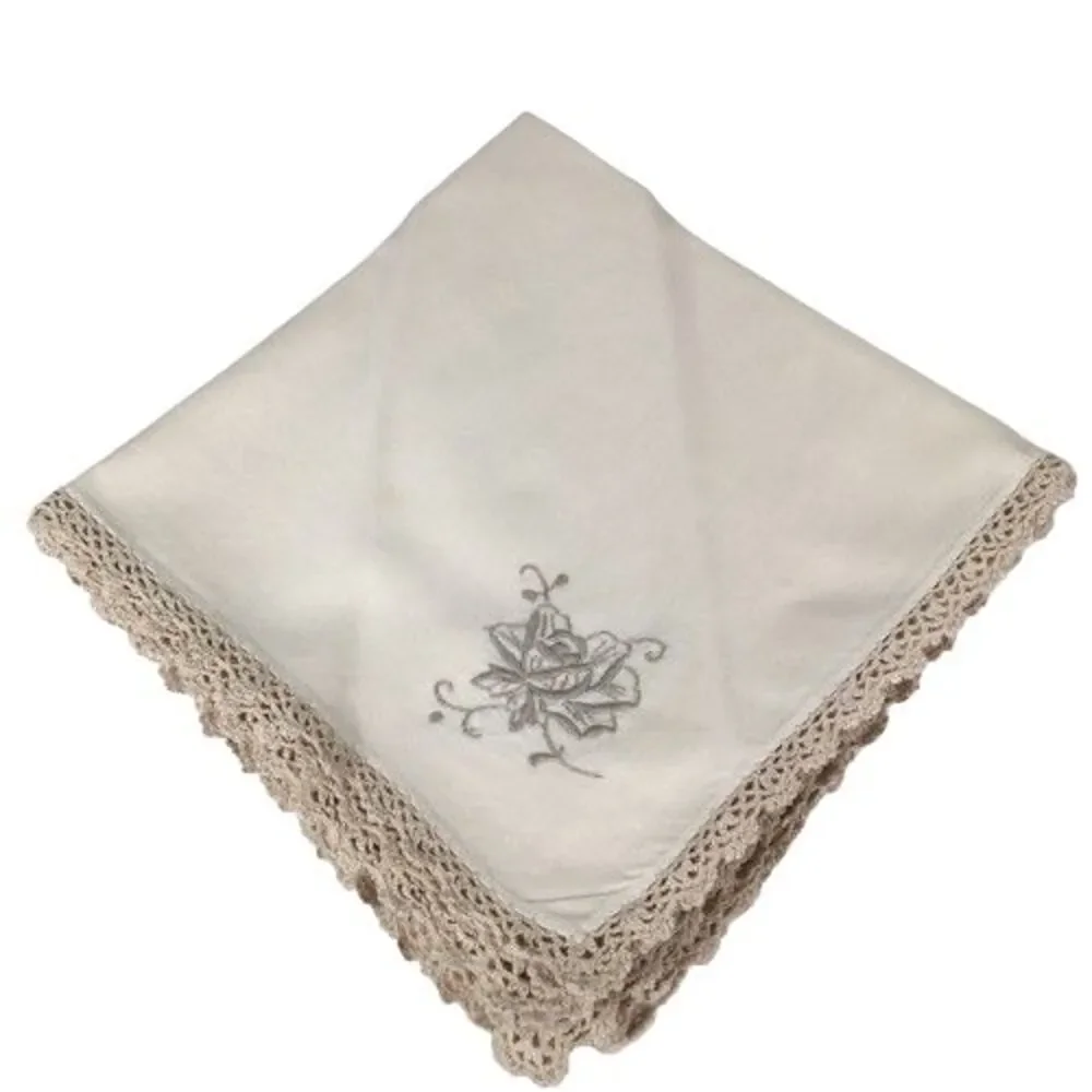 Set of 4 Vintage Ecru Linen Dinner Napkins w/Taupe Embroidered Flower & Edging